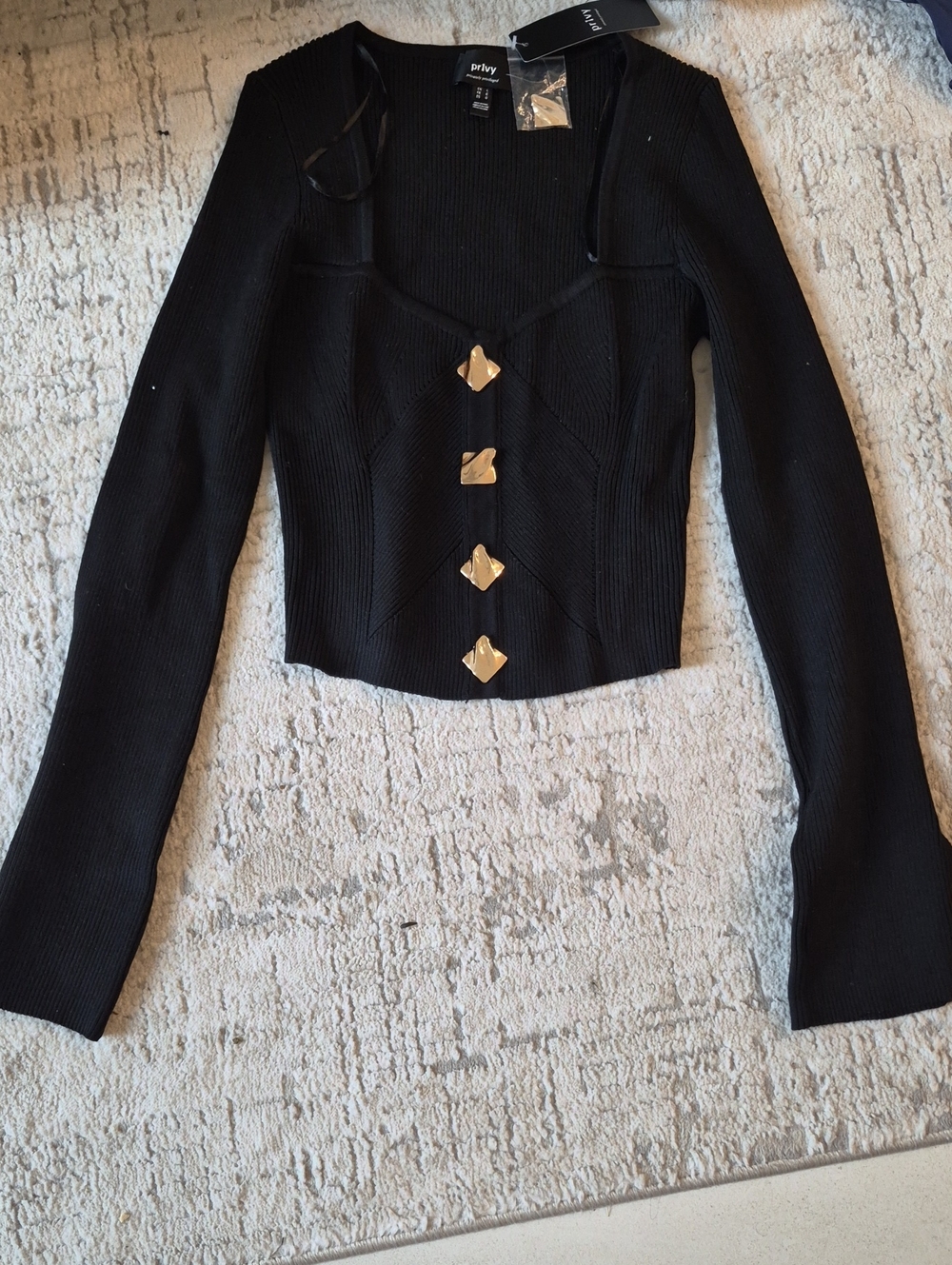 privy Black Ribbed Long-Sleeve Crop Top with Gold Accent Buttons